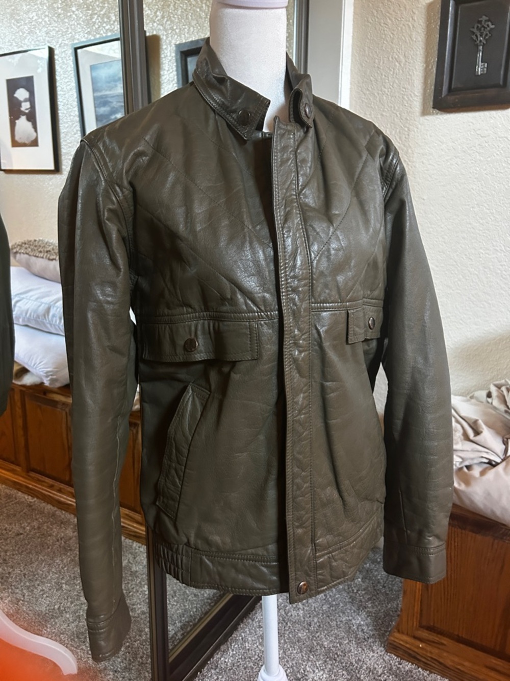 Olive Green Leather Utility Jacket